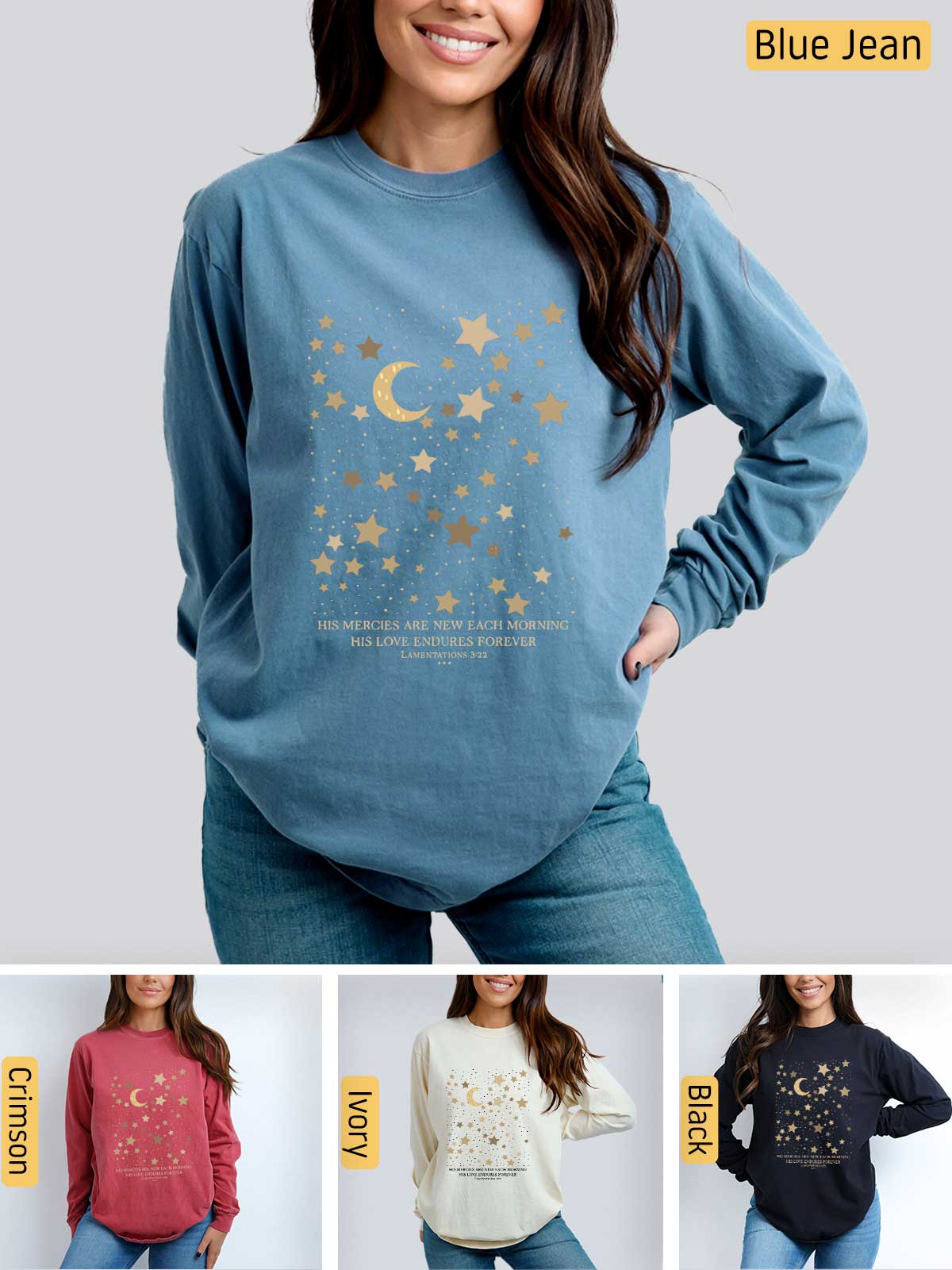 a woman wearing a blue sweater with stars and moon on it