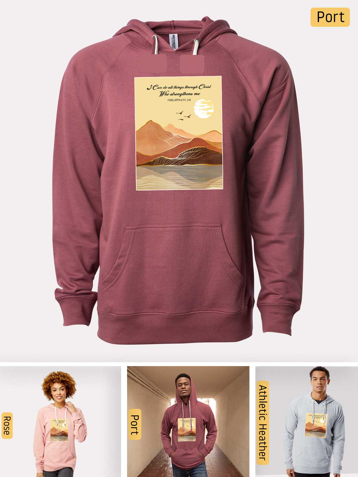 a man wearing a maroon hoodie with a picture of a mountain