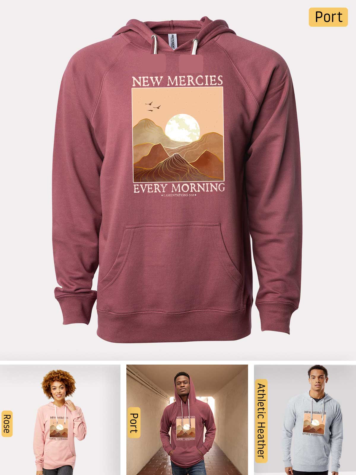 a man wearing a new mercies every morning hoodie