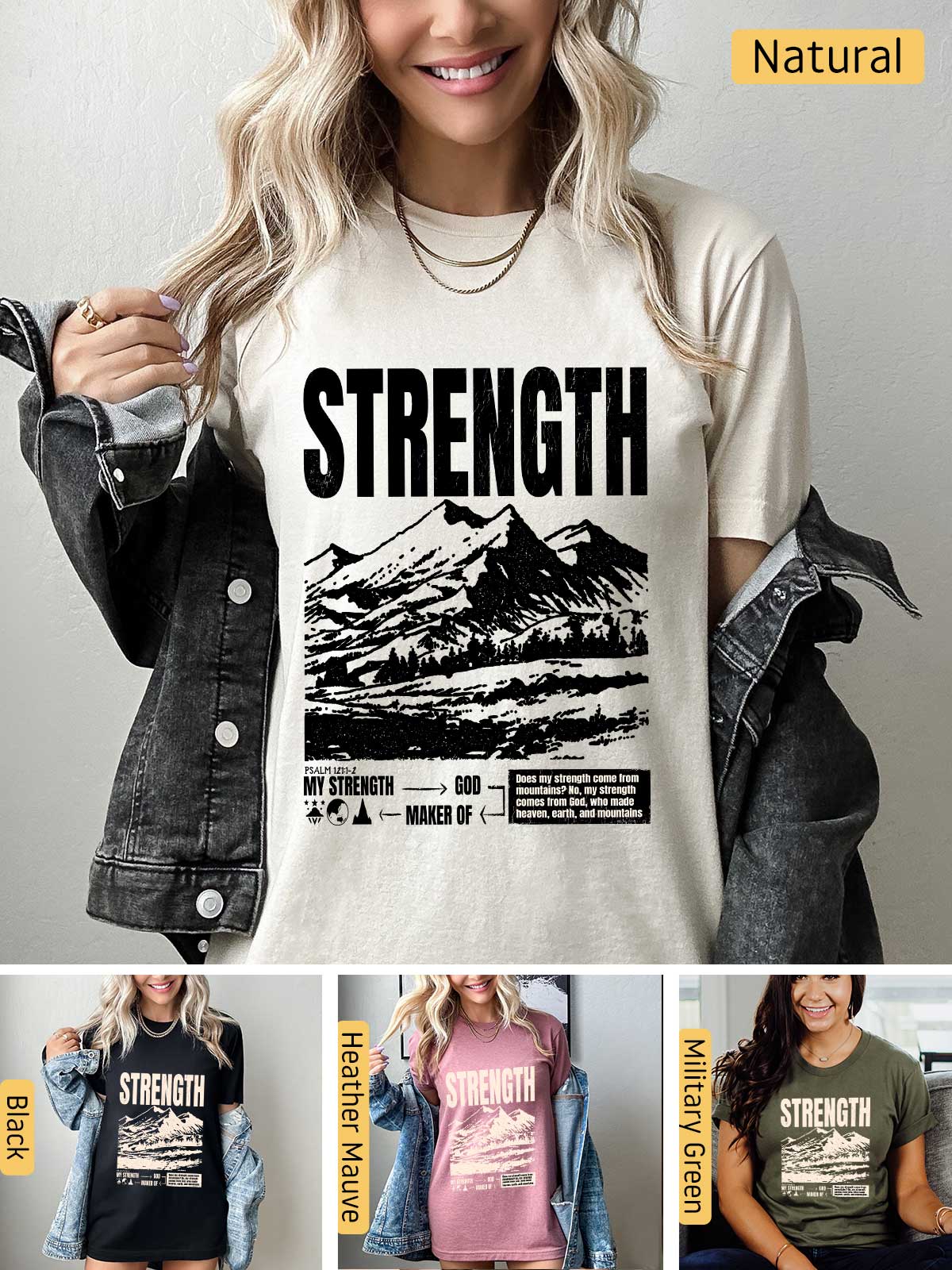 a woman wearing a t - shirt with the words strength on it