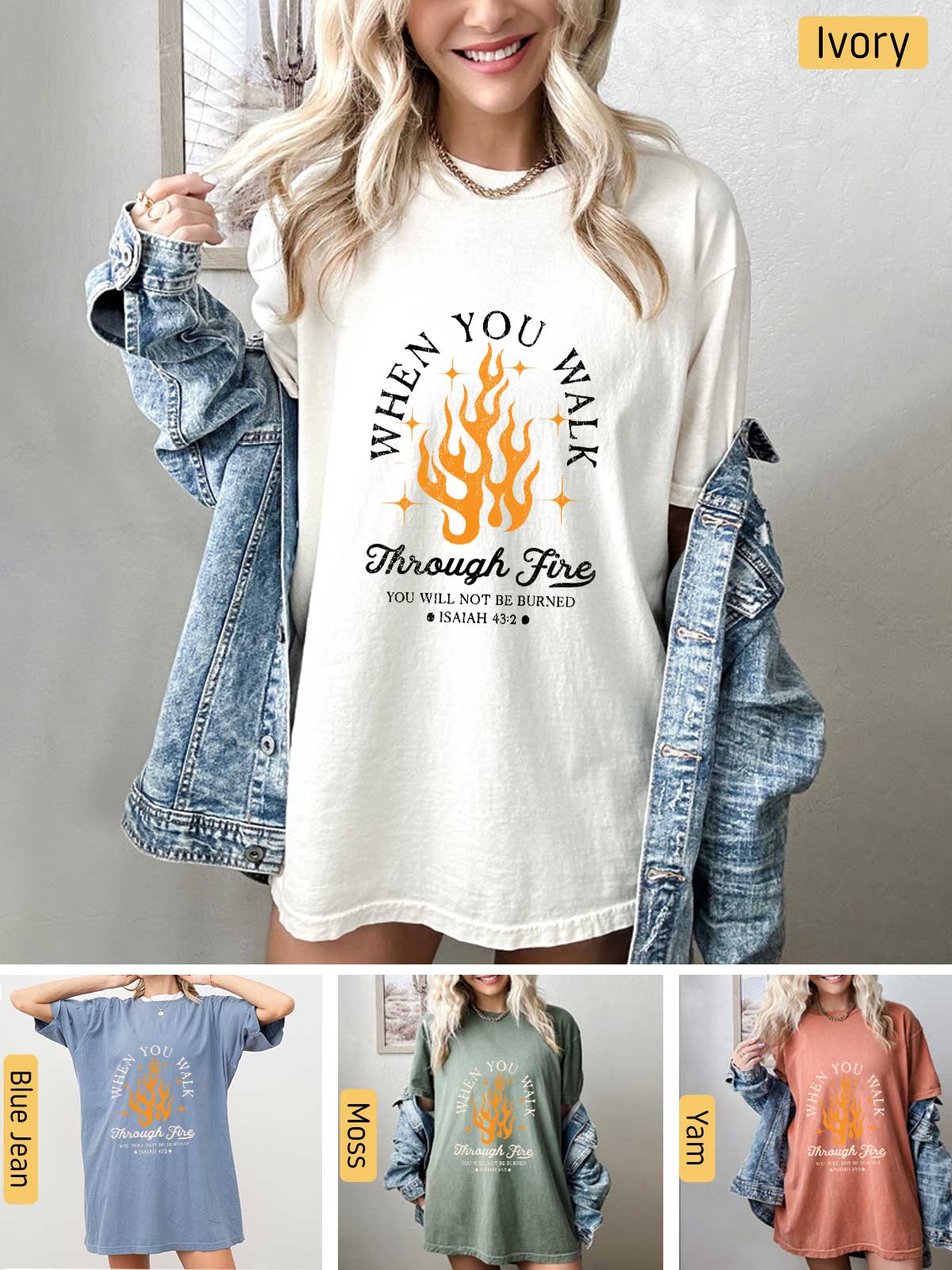 a woman wearing a t - shirt that says when you drink through fire