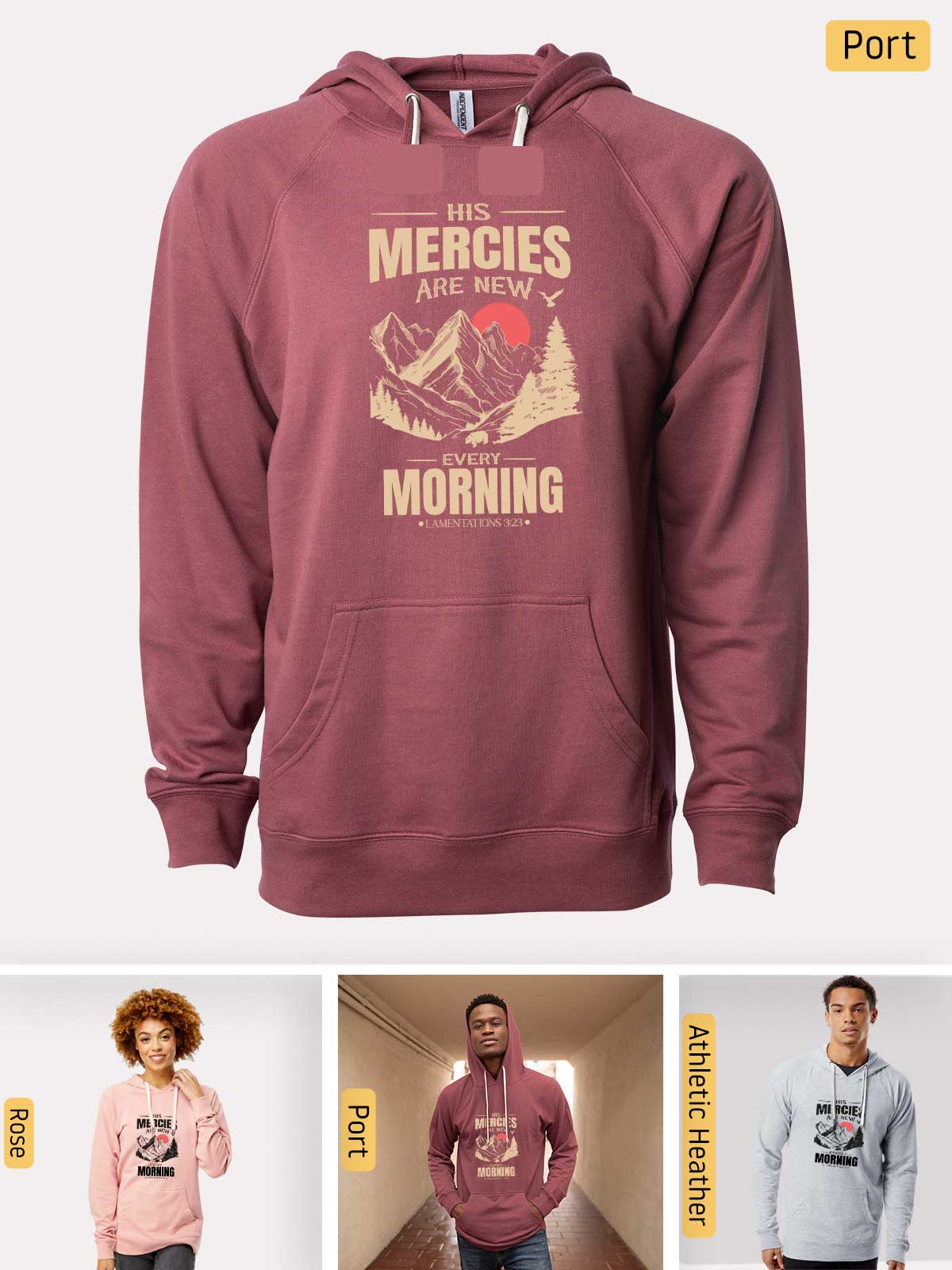 a man wearing a maroon hoodie with the words mercies are new and a