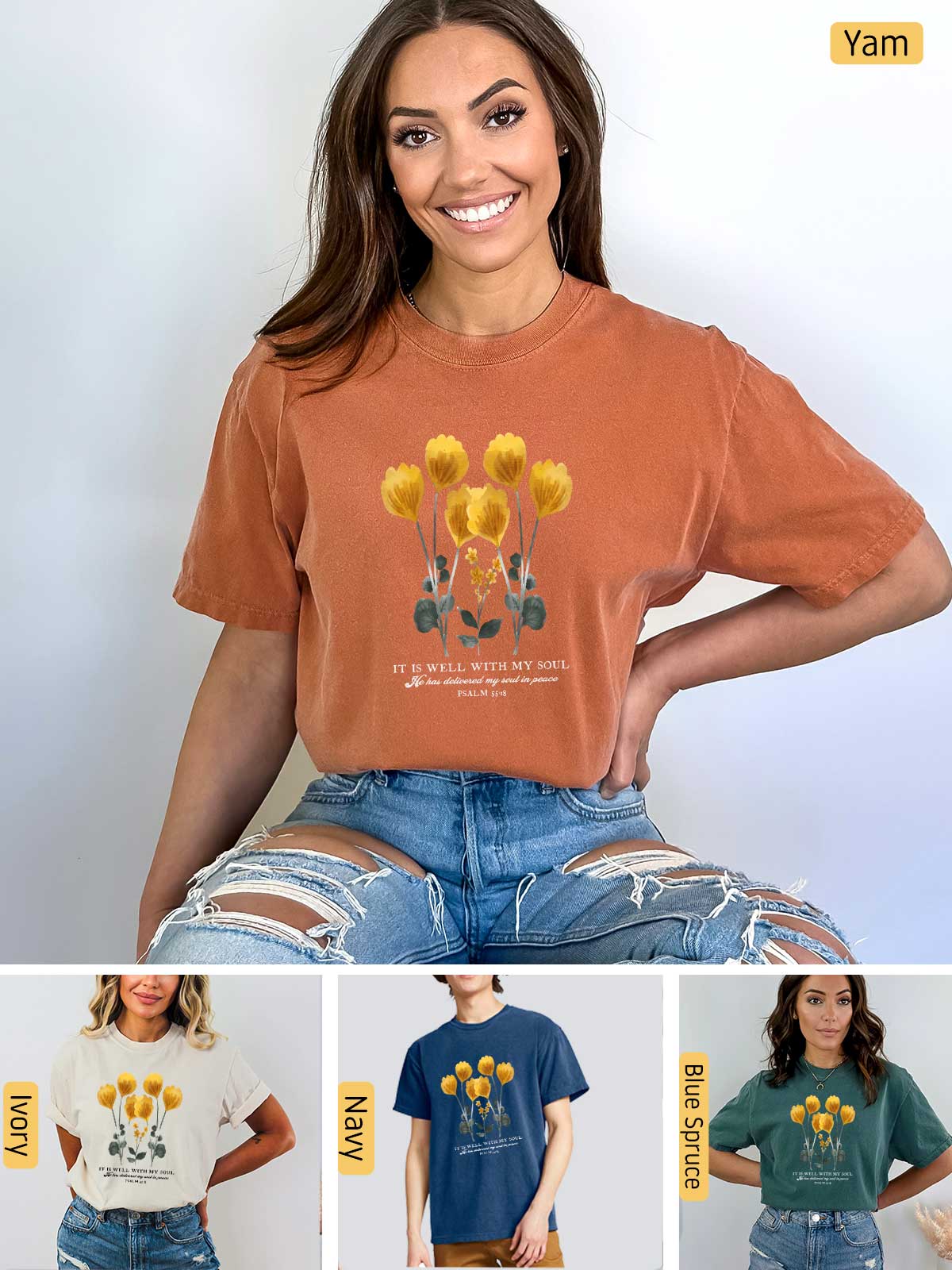 a woman wearing a t - shirt with a bunch of sunflowers on it