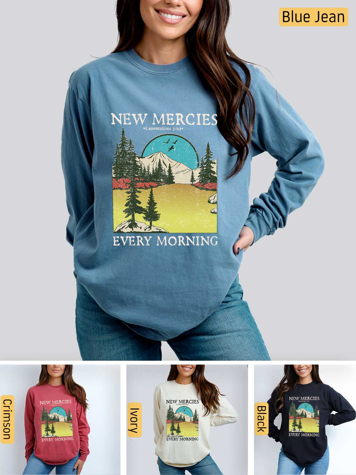 a woman wearing a new mercies every morning sweatshirt