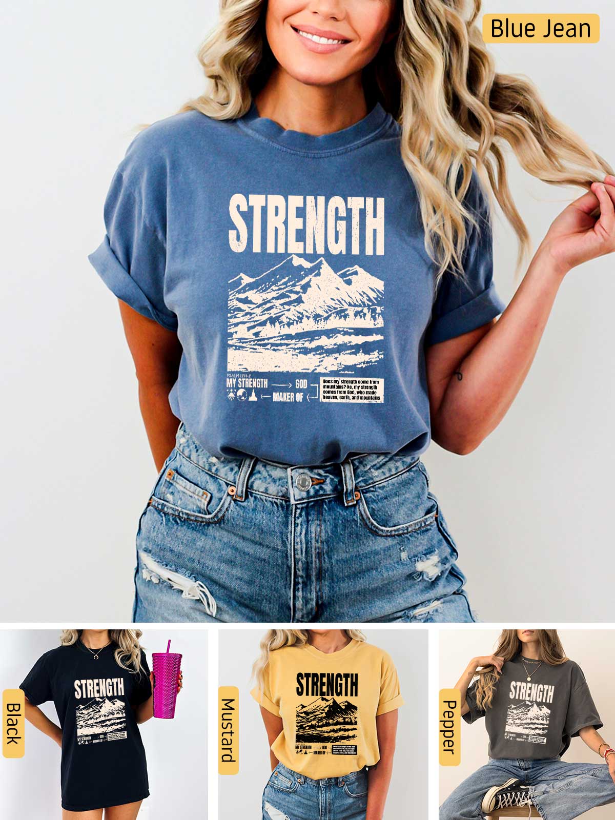 a woman wearing a blue jean shirt with the words strength on it