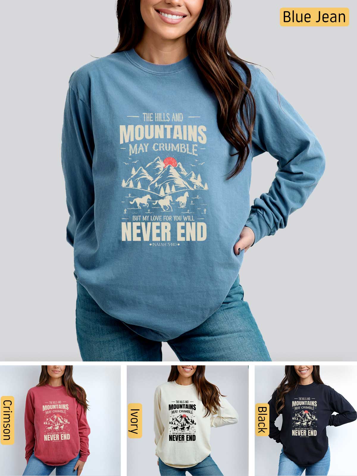 a woman wearing a blue sweatshirt with mountains on it