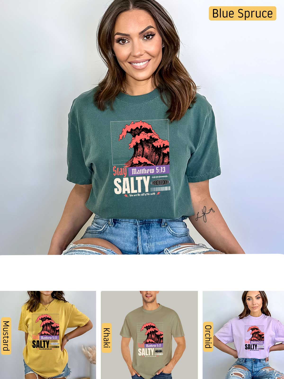 a woman wearing a t - shirt that says salty