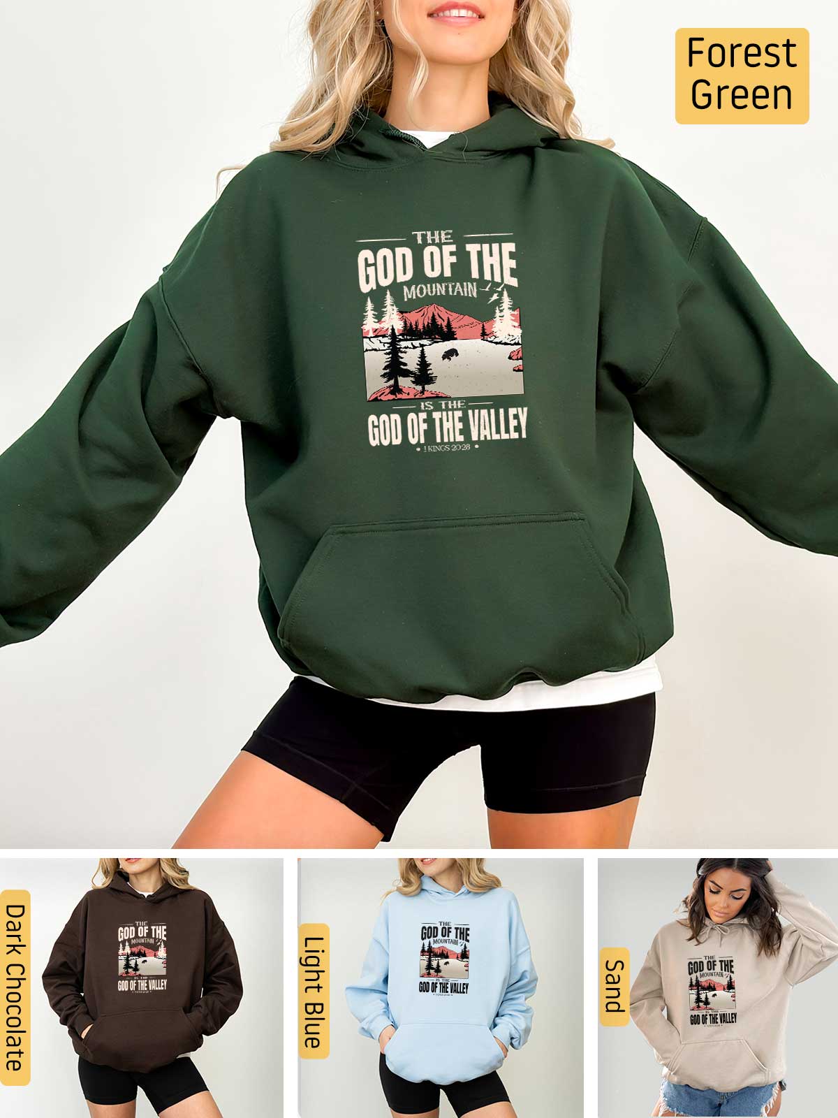 a woman wearing a green hoodie with the words god of the valley on it