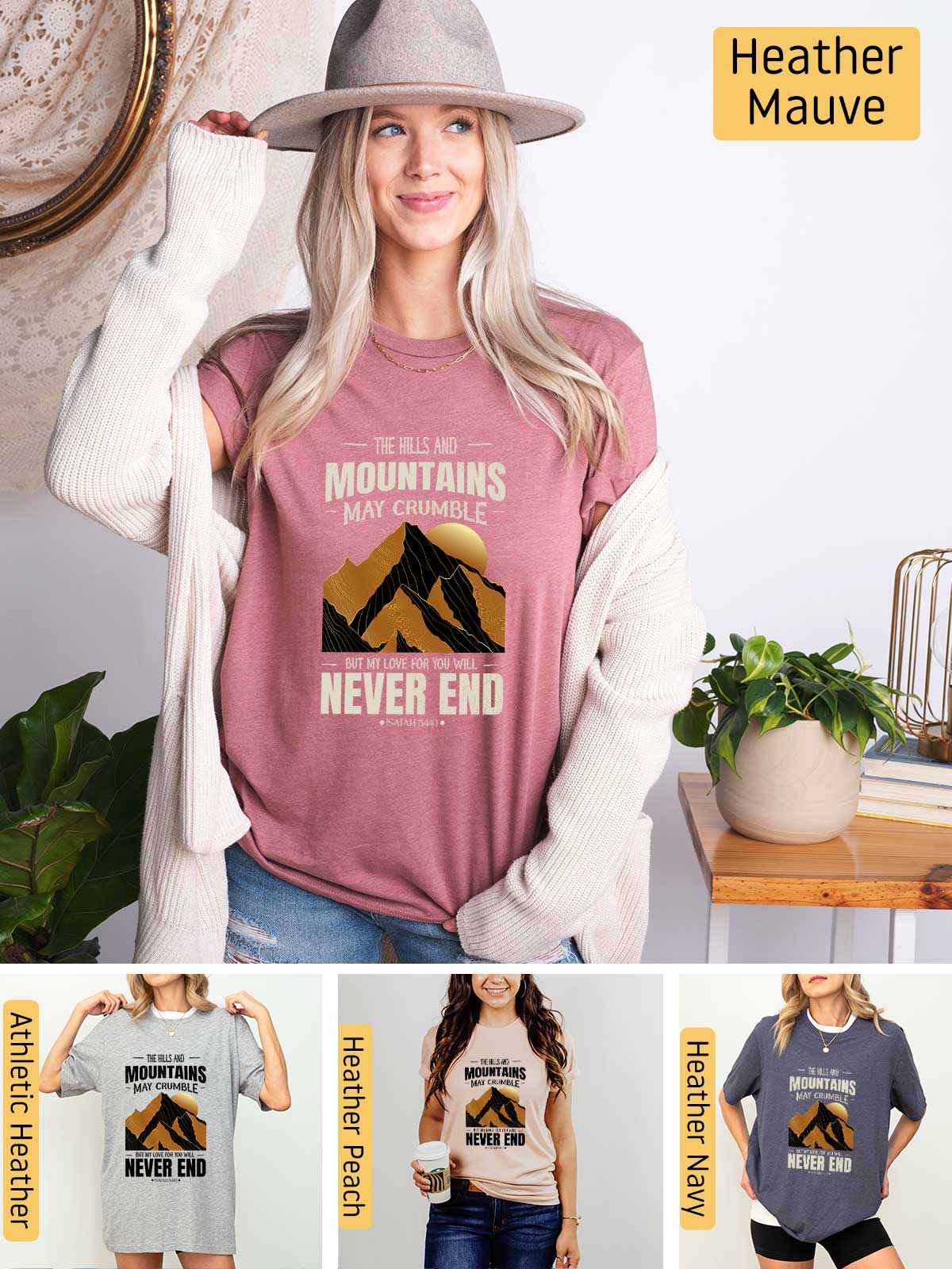 a woman wearing a t - shirt that says mountains never end