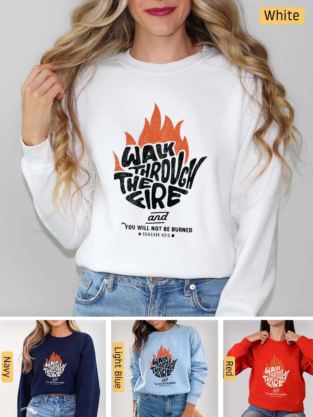 a woman wearing a white sweatshirt with a fire on it