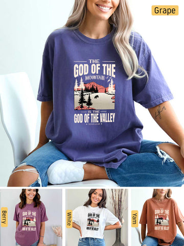 a woman wearing a t - shirt that says the god of the mountains