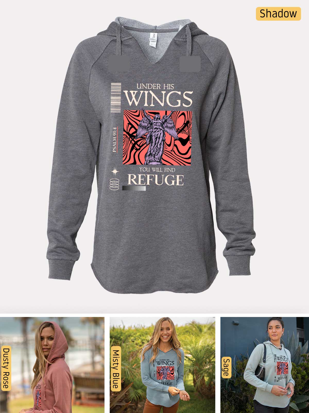 a women's sweatshirt with a picture of a woman wearing a cross on it