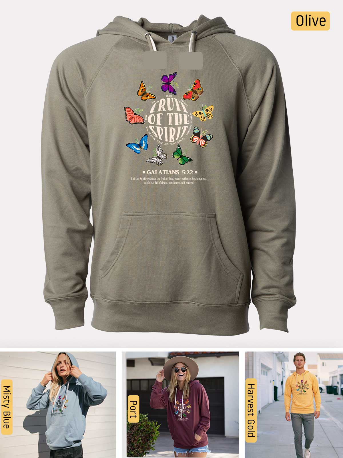 a woman wearing a hoodie and a sweatshirt with butterflies on it