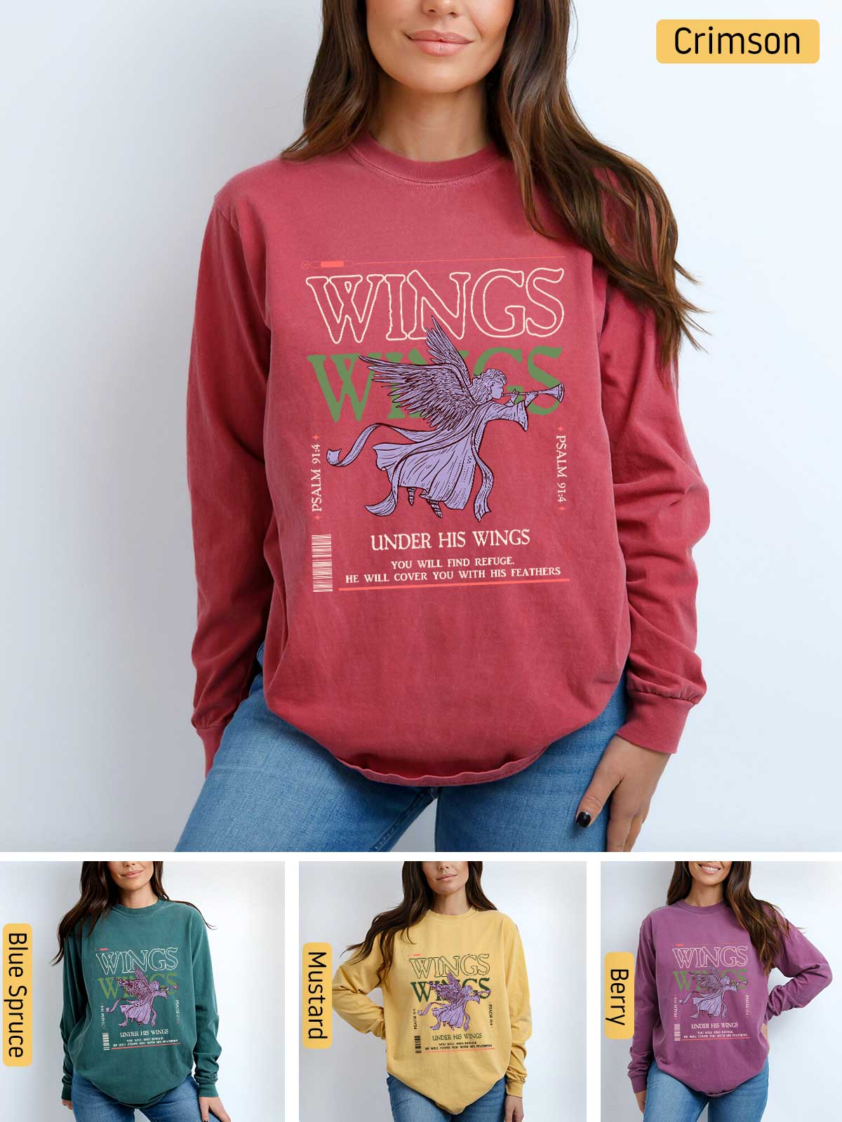 a woman wearing a sweatshirt with wings on it