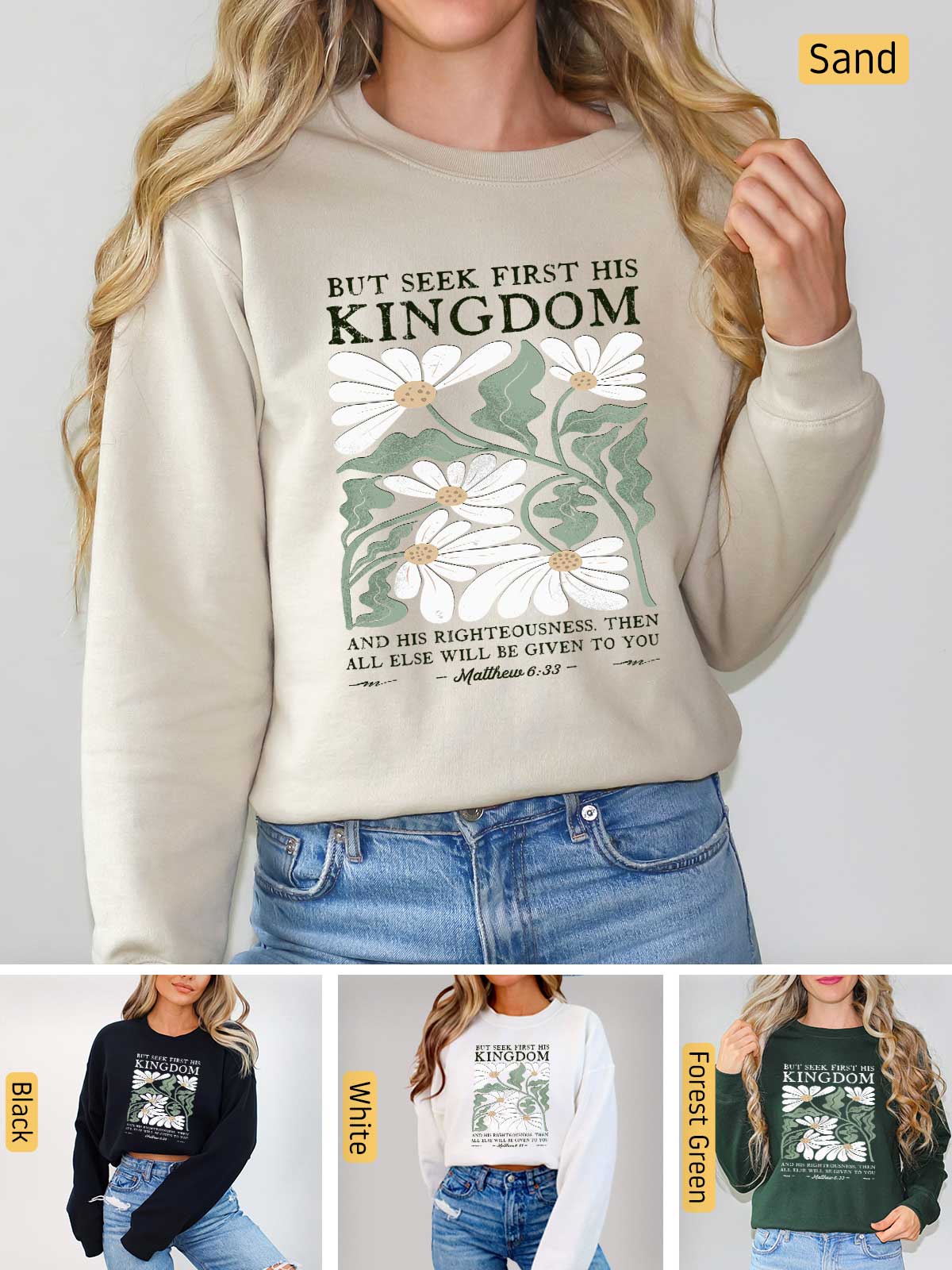 a woman wearing a sweatshirt that says but seek first she is kingdom