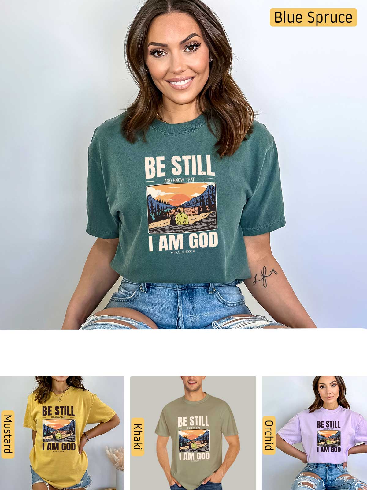 a woman wearing a t - shirt that says be still i am god