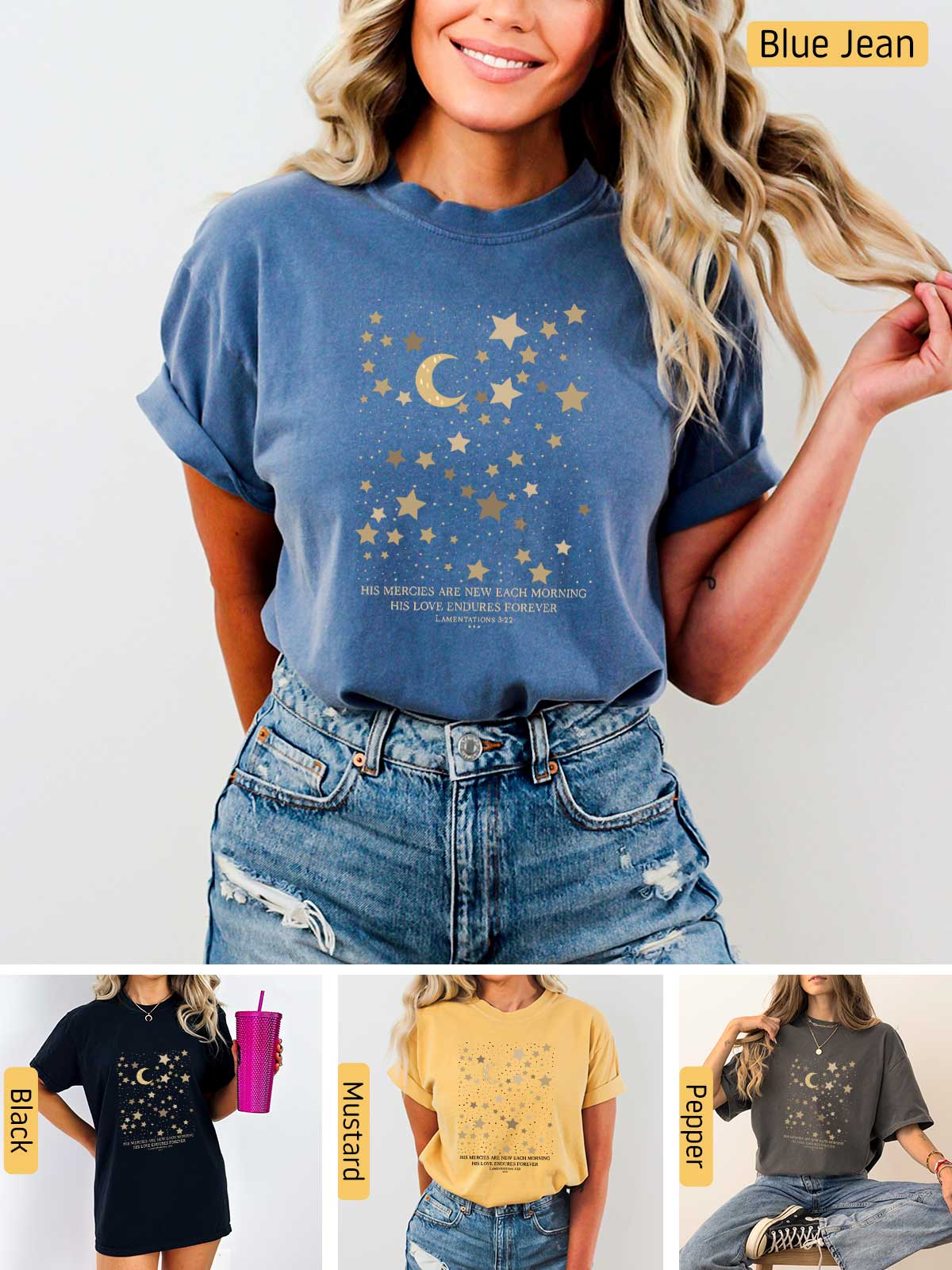 a woman wearing a t - shirt with stars and moon on it