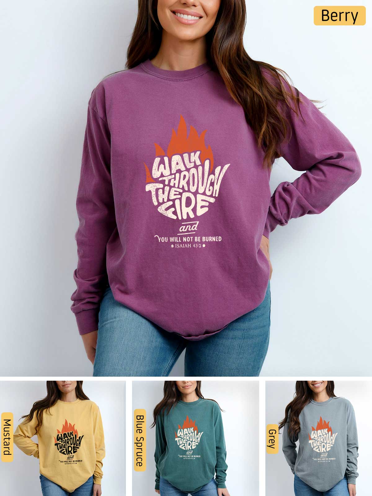 a woman wearing a sweatshirt with the words, walk through the fire on it