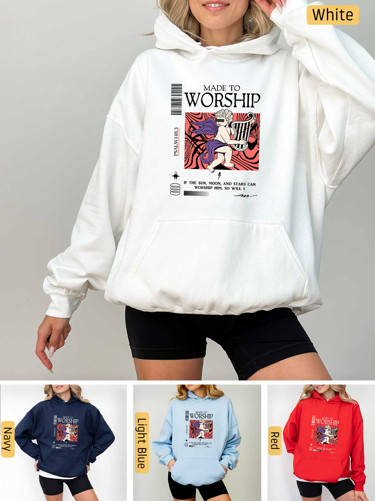 a woman wearing a sweatshirt with the words worship printed on it