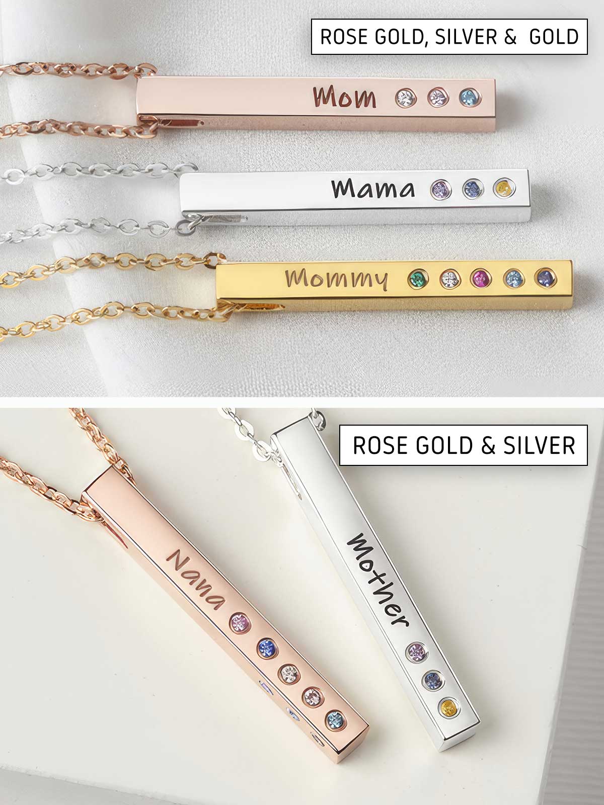 three different types of necklaces with names on them