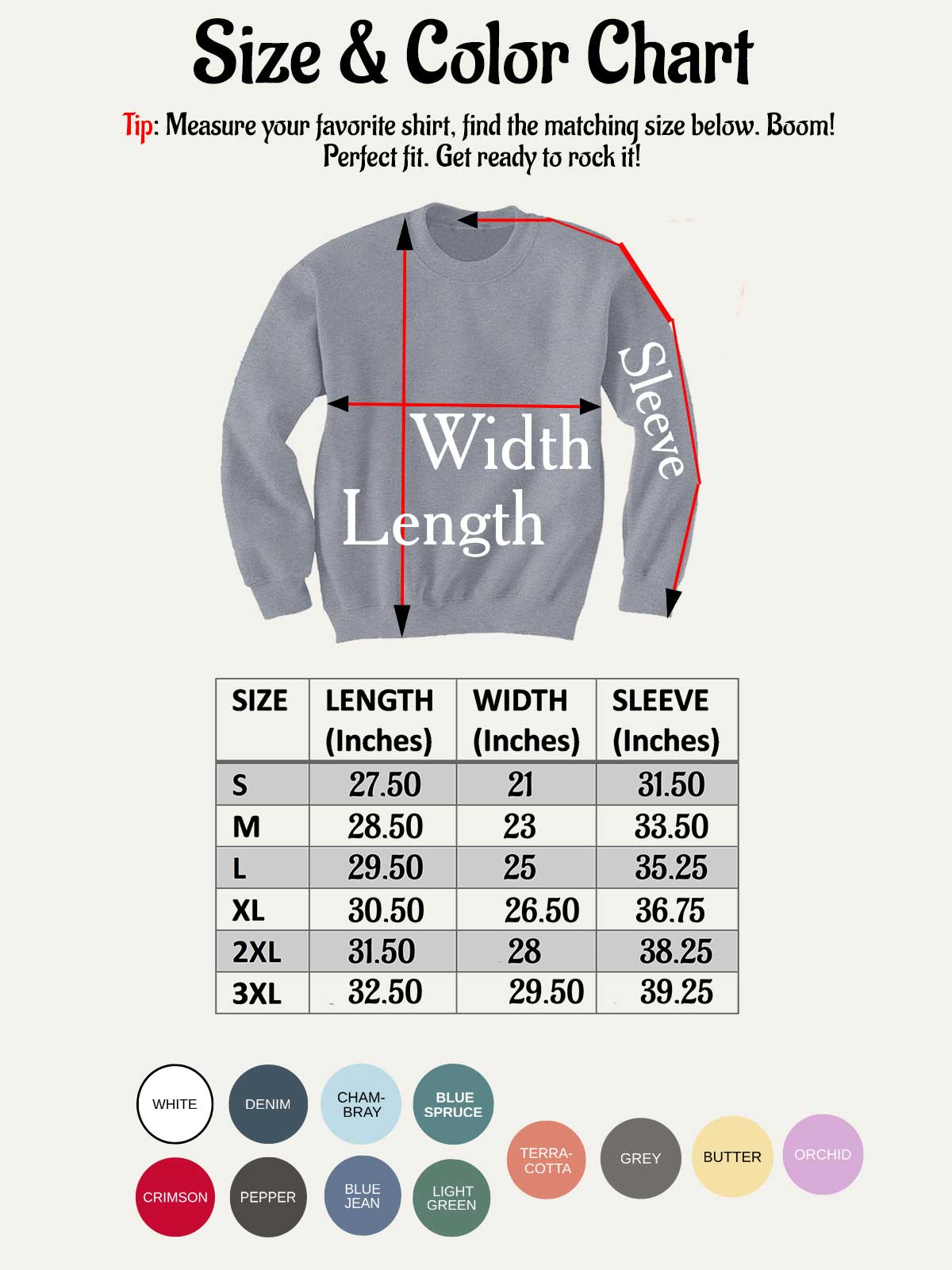 the size and color chart for a sweatshirt