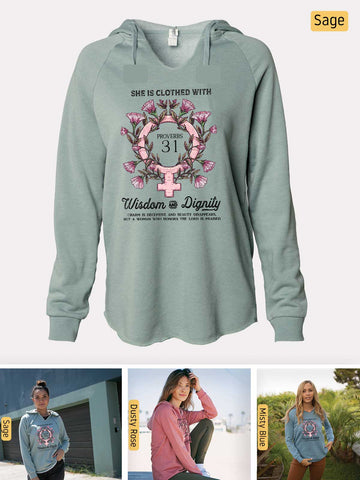 She is Clothed in Strength - Proverbs 31 Woman - Lightweight, Cali Wave-washed Women's Hooded Sweatshirt