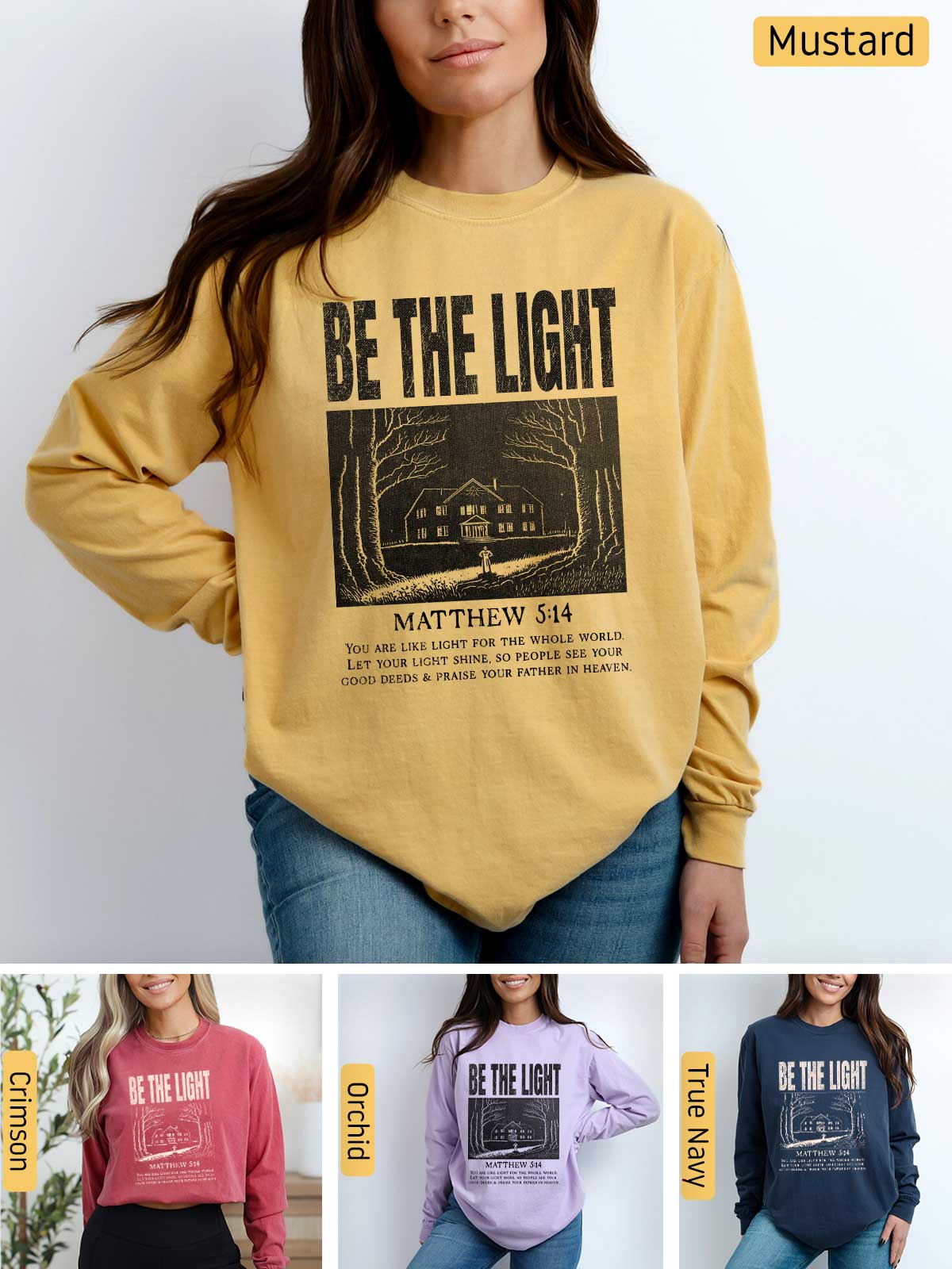 a woman wearing a sweatshirt that says be the light