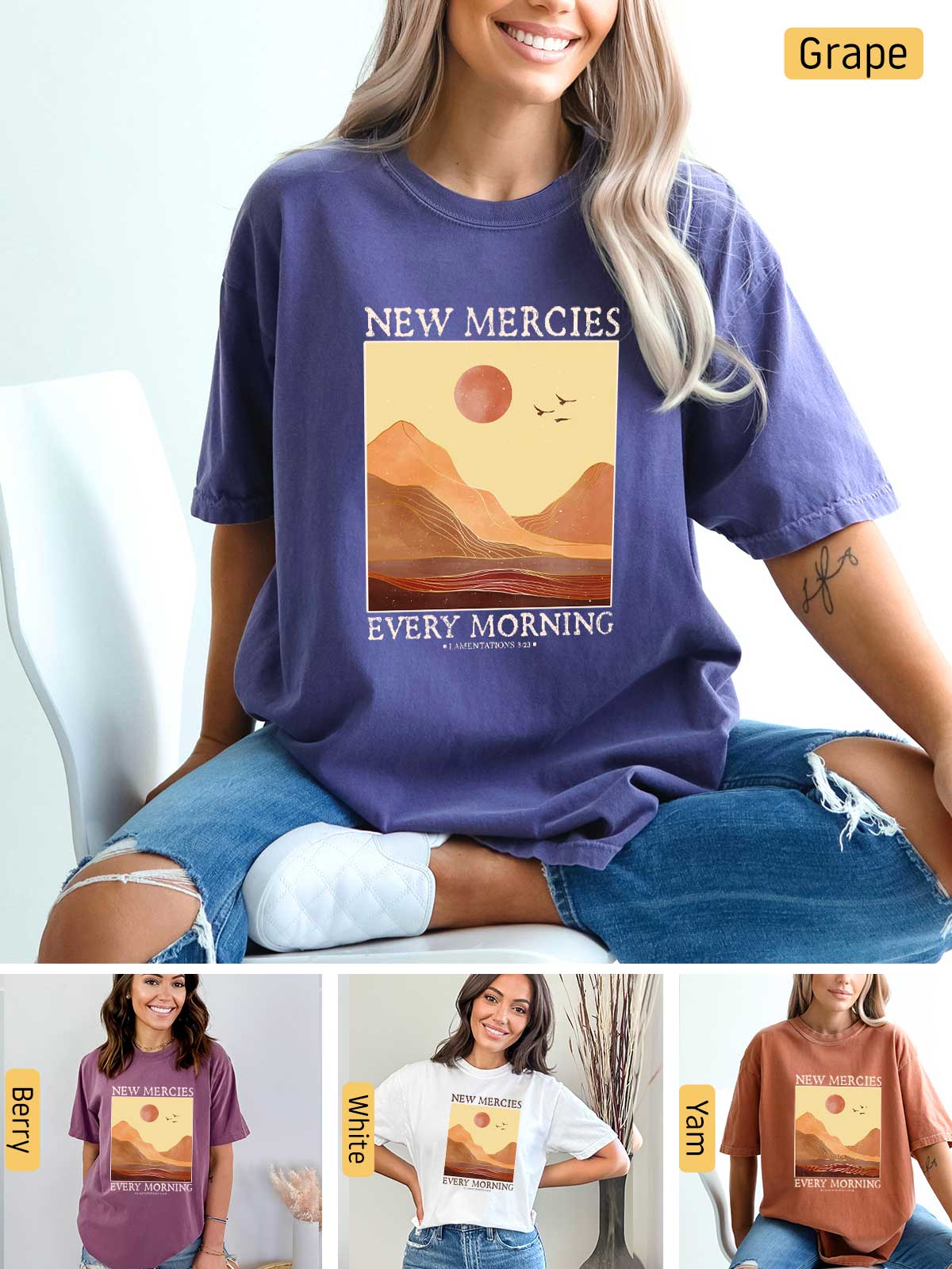 a woman sitting on a chair wearing a new mercies t - shirt