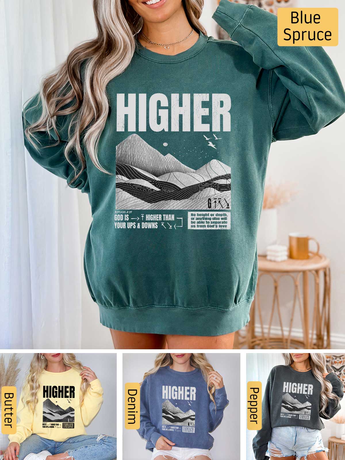 a woman wearing a sweatshirt with the words higher on it