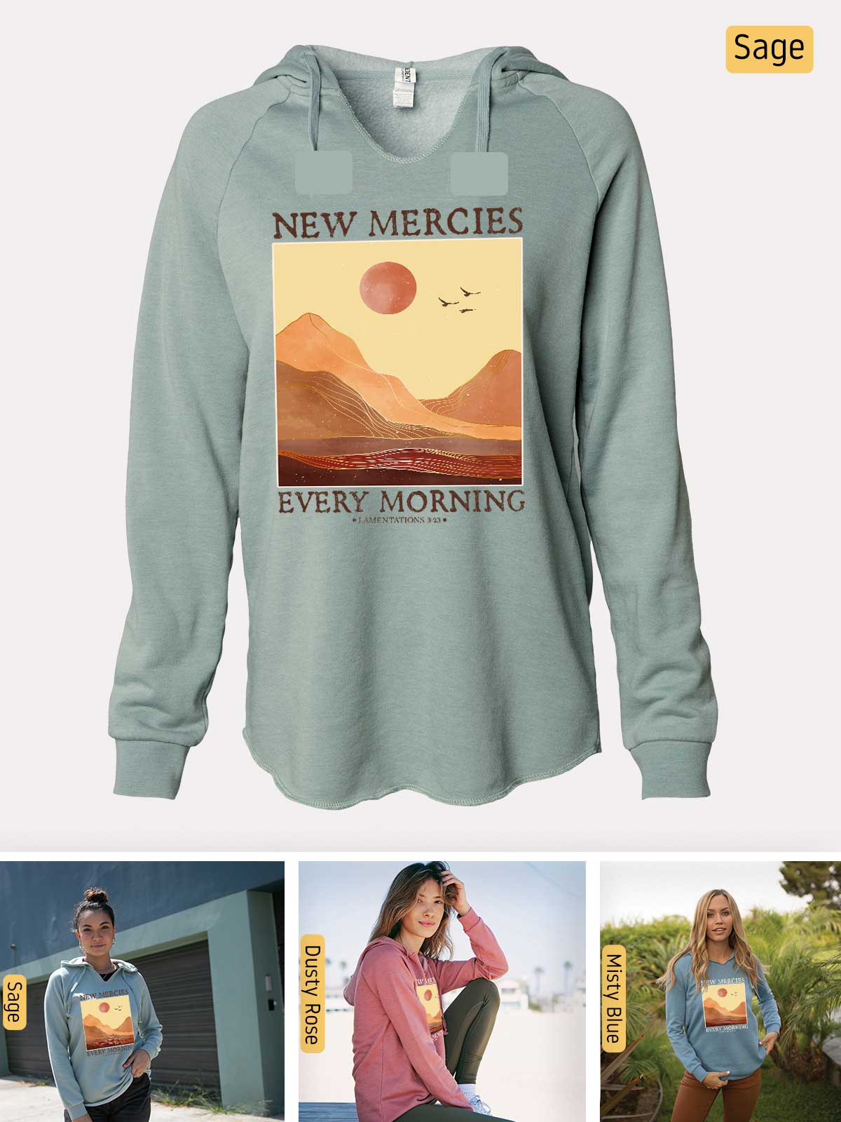 a collage of photos of a woman wearing a new mercies sweatshirt