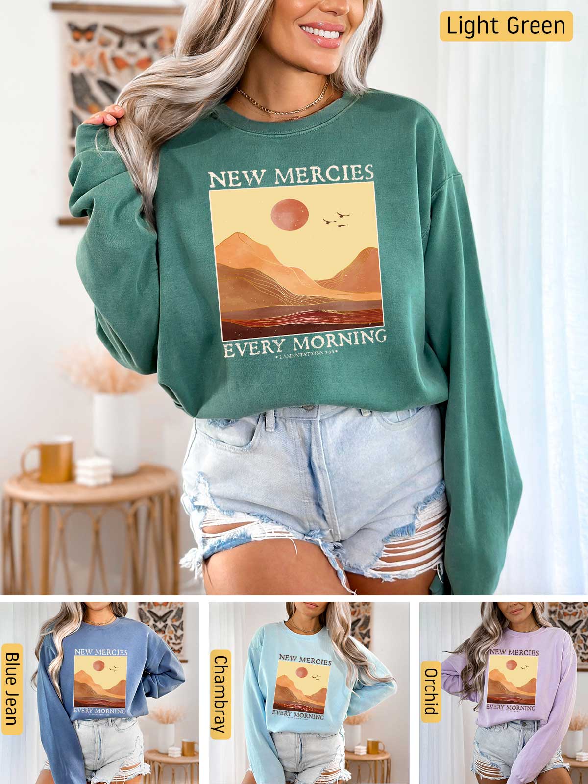 a woman wearing a new mercies every morning sweatshirt