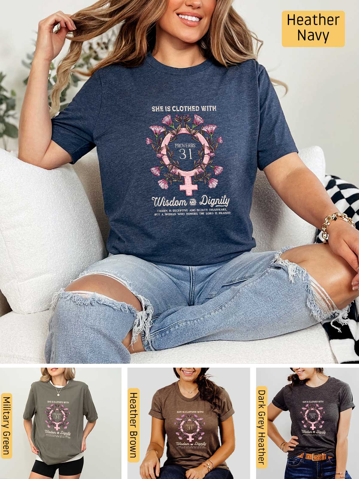 a woman sitting on a couch wearing a t - shirt