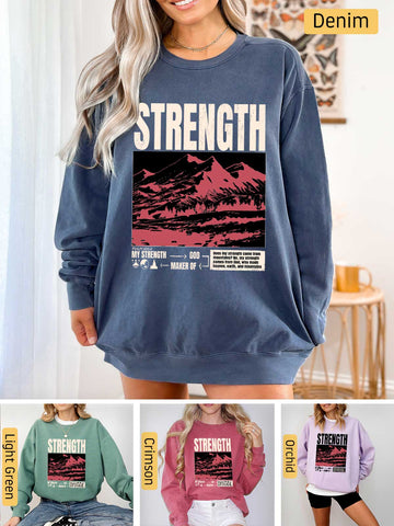 a woman wearing a sweatshirt with the words strength on it