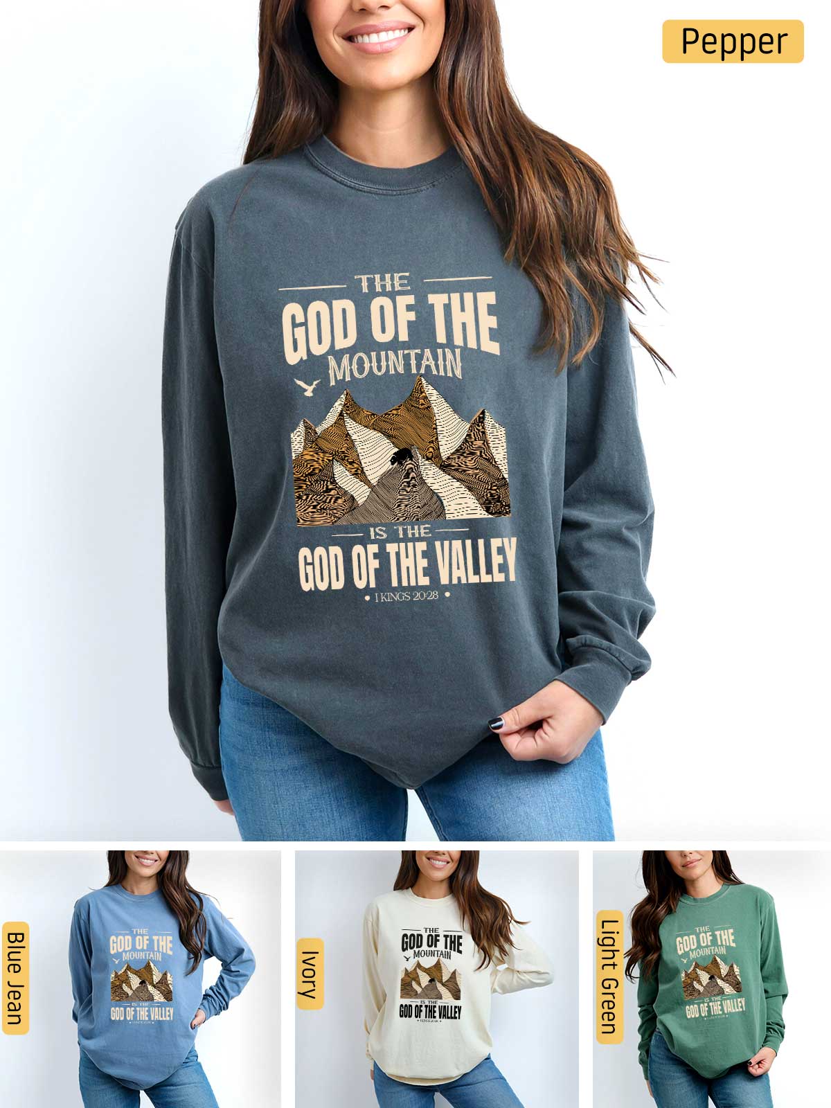 a woman wearing a sweatshirt that says god of the mountain