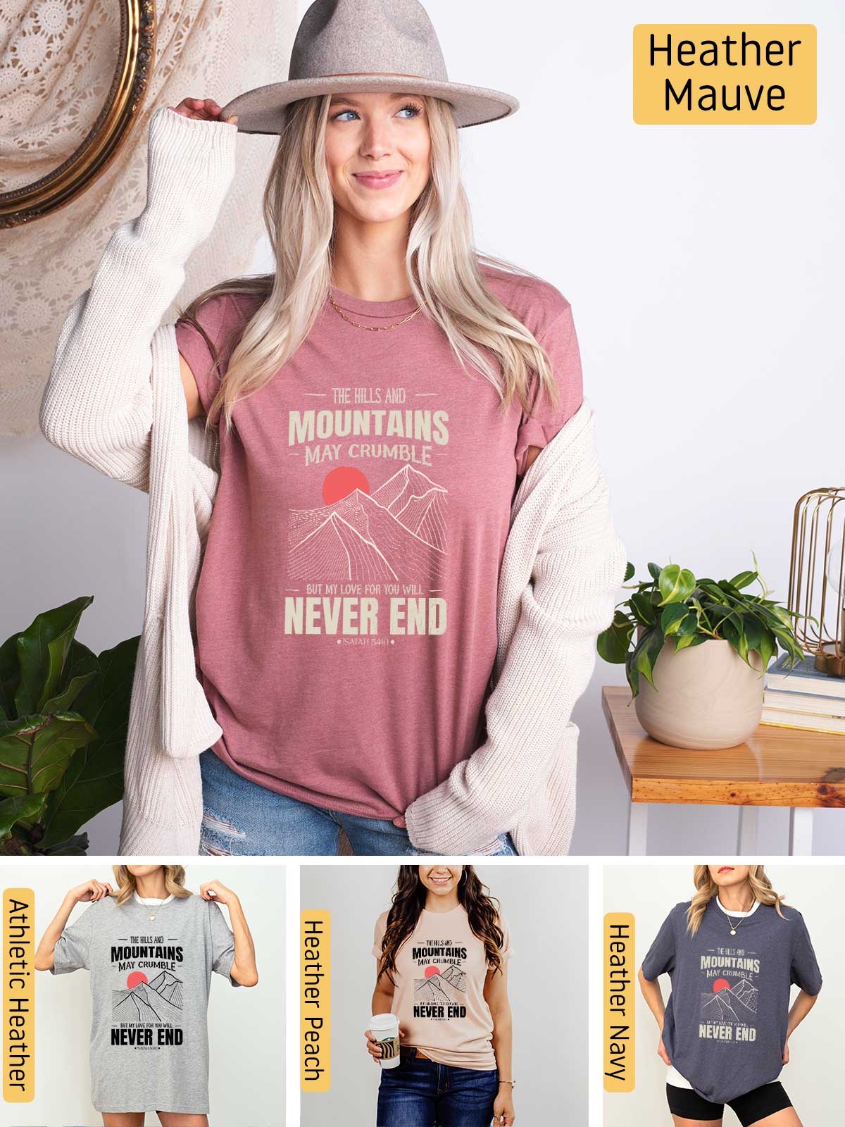 a woman wearing a hat and a t - shirt that says mountains never end