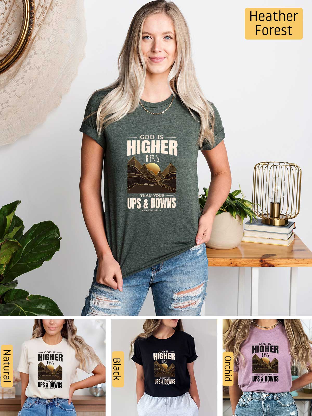 a woman wearing a t - shirt that says higher up a downs