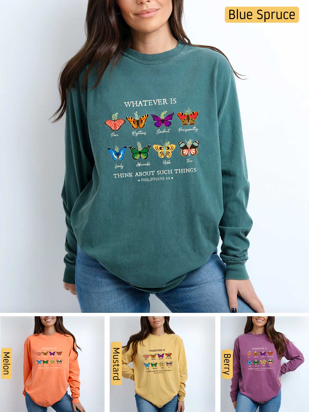 a woman wearing a sweatshirt with butterflies on it