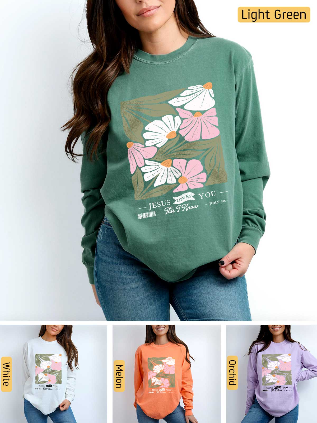 a woman wearing a sweatshirt with flowers on it