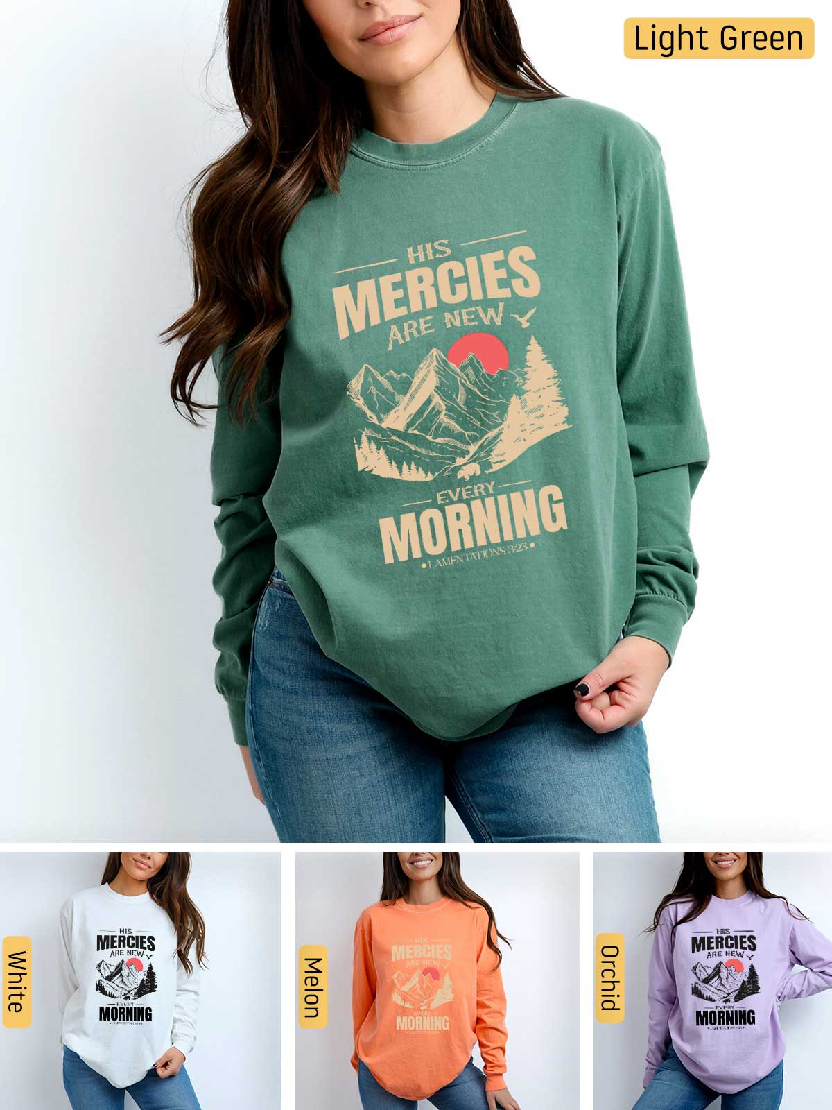 a woman wearing a sweatshirt with the words mercies are morning on it