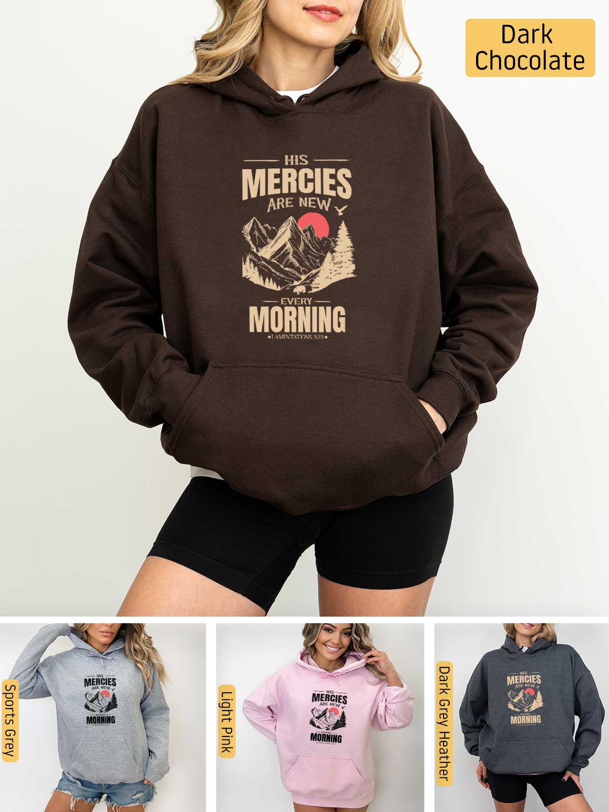 a woman wearing a hoodie with the words mercies morning on it