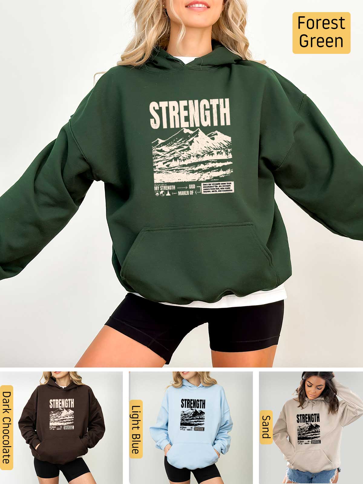 a woman wearing a hoodie with the words strength on it