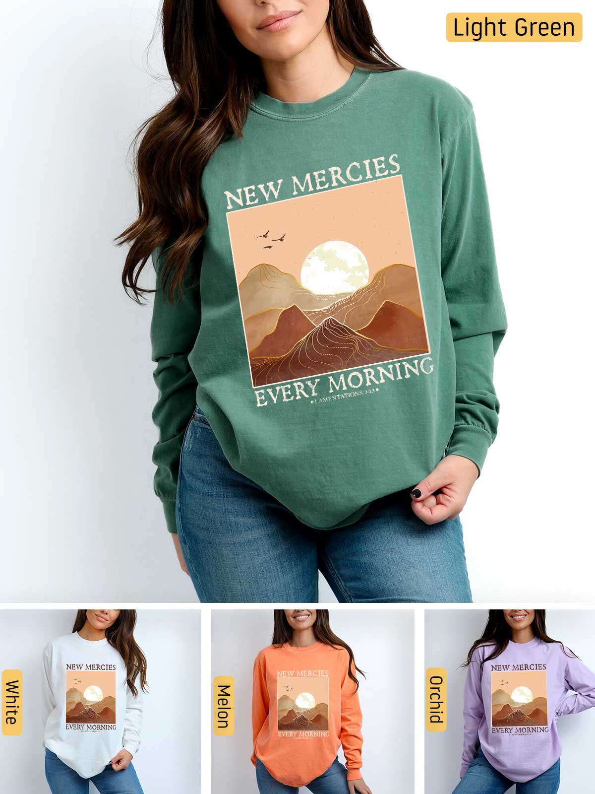 a woman wearing a new mercies every morning sweatshirt