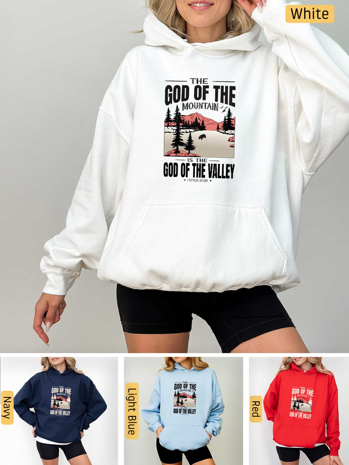 a woman wearing a hoodie with the words god of the mountains on it