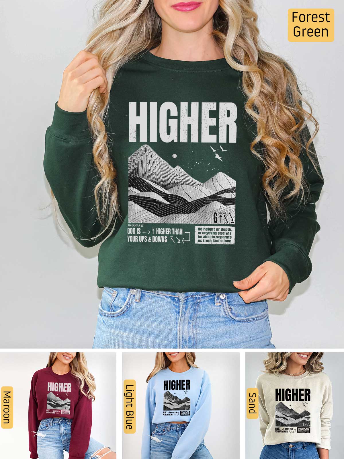 a woman wearing a sweatshirt with the words higher printed on it