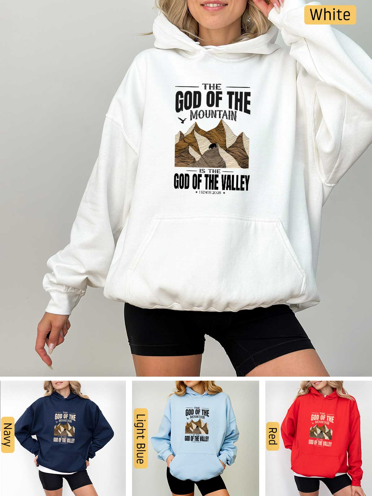 a woman wearing a hoodie that says god of the mountains