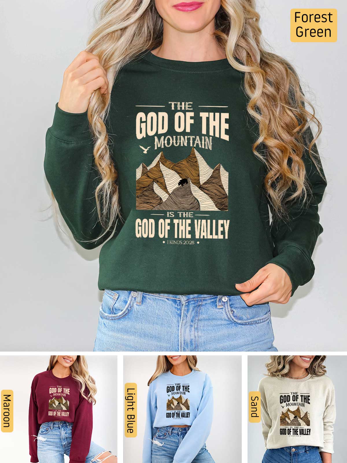 a woman wearing a sweatshirt that says god of the mountain