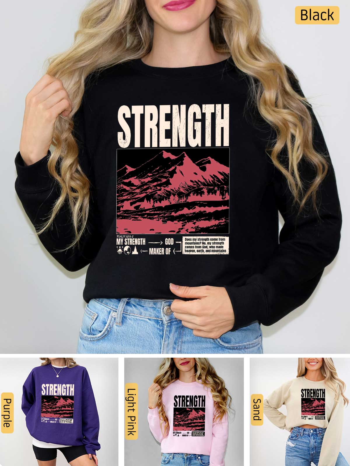 a woman wearing a sweatshirt with the words strength on it