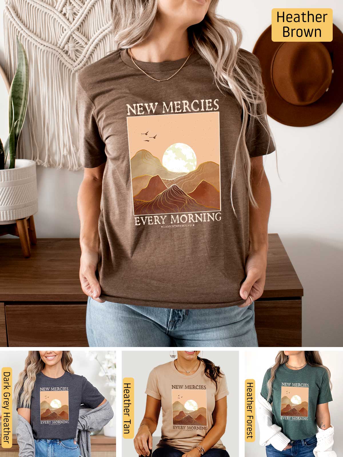 a woman wearing a new mercies every morning t - shirt